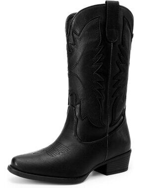 Women's Black Cowgirl Western Mid Calf Boots Snip Toe Embroidered Stitched